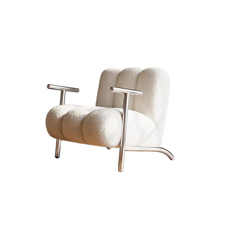 Traditional Chinese Sherpa Fabric Suede Wood Stainless Steel Square Wave Accent Chair With Armrest & Backrest For Living Room