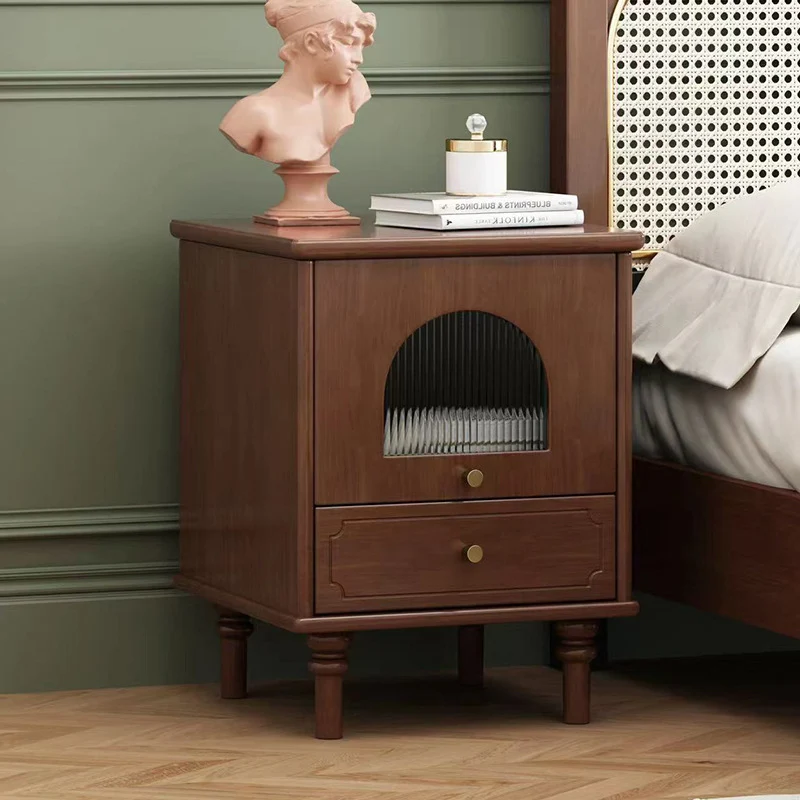 Traditional Vintage Solid Wood Glass Square Round Nightstand With 1-Drawer For Bedroom