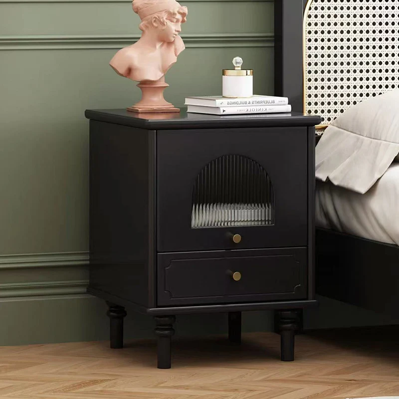 Traditional Vintage Solid Wood Glass Square Round Nightstand With 1-Drawer For Bedroom