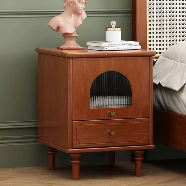 Traditional Vintage Solid Wood Glass Square Round Nightstand With 1-Drawer For Bedroom