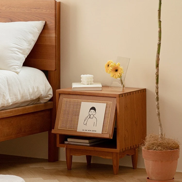 Contemporary Retro Square Cube Flip Door PP Rattan Plywood Pine Cherry Wood Nightstand 2 - Tier For Bedroom