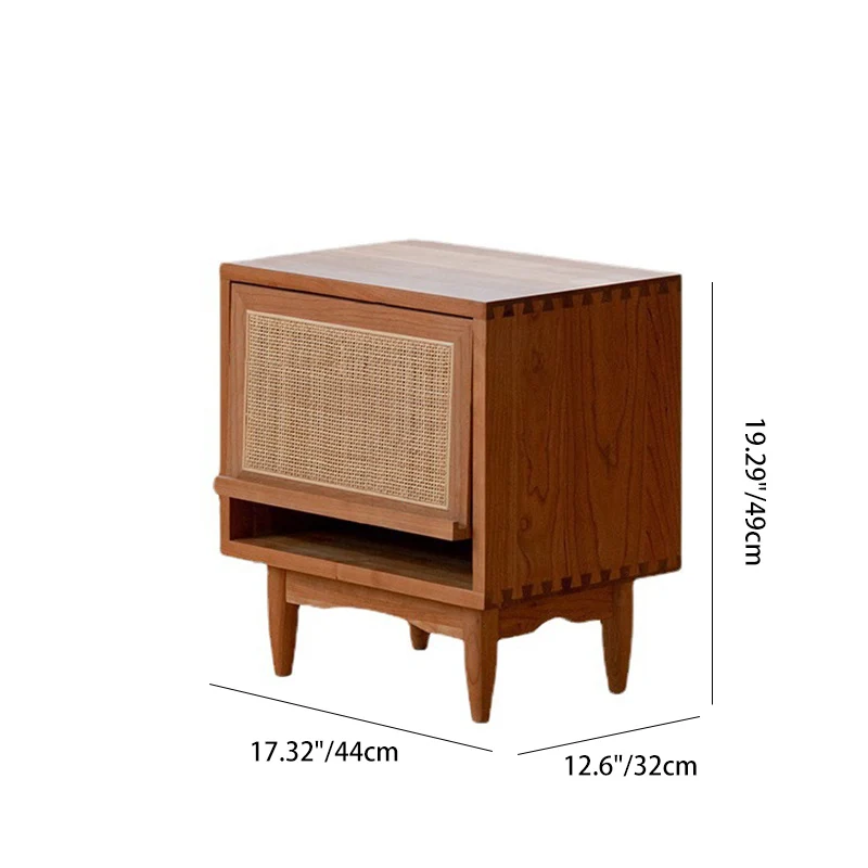 Contemporary Retro Square Cube Flip Door PP Rattan Plywood Pine Cherry Wood Nightstand 2 - Tier For Bedroom