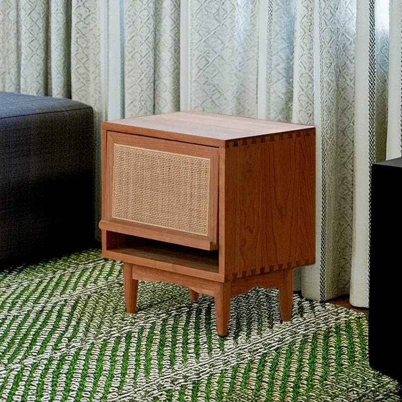 Contemporary Retro Square Cube Flip Door PP Rattan Plywood Pine Cherry Wood Nightstand 2 - Tier For Bedroom