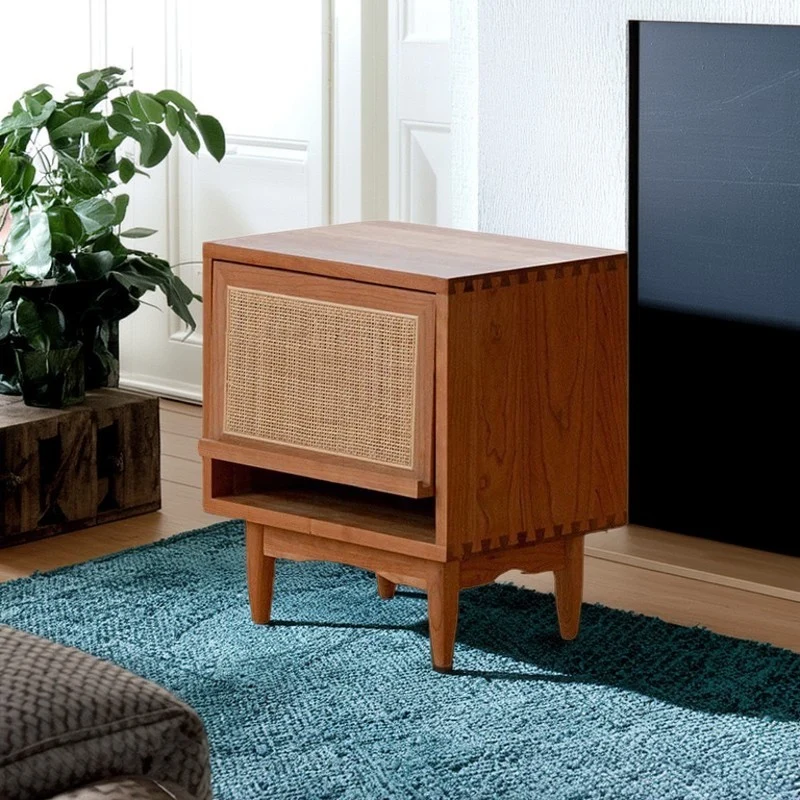 Contemporary Retro Square Cube Flip Door PP Rattan Plywood Pine Cherry Wood Nightstand 2 - Tier For Bedroom
