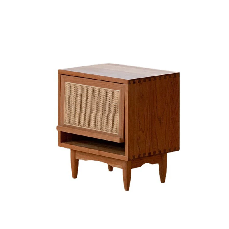 Contemporary Retro Square Cube Flip Door PP Rattan Plywood Pine Cherry Wood Nightstand 2 - Tier For Bedroom