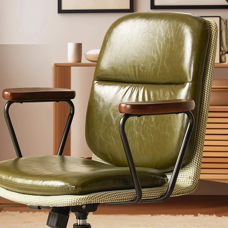 Contemporary Luxury Square Oil Wax Leather Carbon Steel Height Adjustable Swivel Desk Chair Backrest Armrest For Home Office