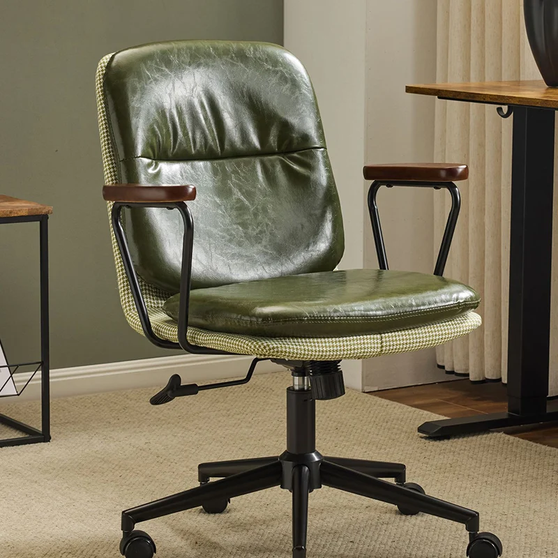 Contemporary Luxury Square Oil Wax Leather Carbon Steel Height Adjustable Swivel Desk Chair Backrest Armrest For Home Office