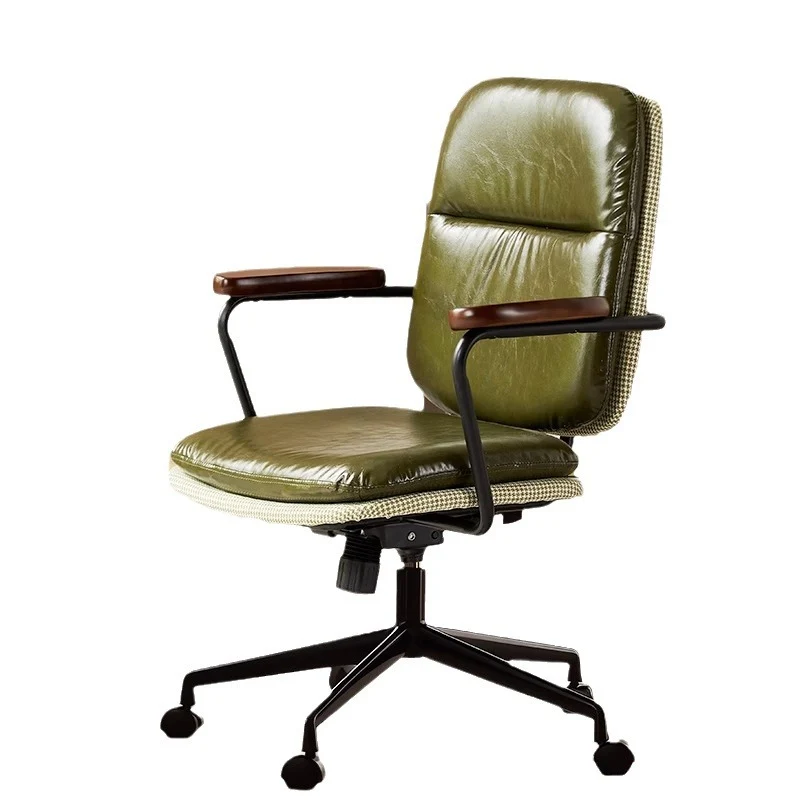 Contemporary Luxury Square Oil Wax Leather Carbon Steel Height Adjustable Swivel Desk Chair Backrest Armrest For Home Office
