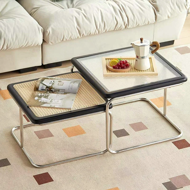 Contemporary Creative Tempered Glass Rattan Steel Pipe Wooden Planks Curved End Table1-Tier For Living Room