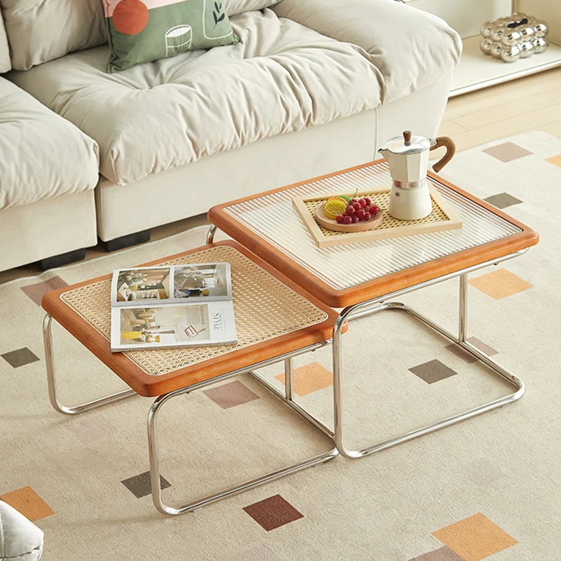 Contemporary Creative Tempered Glass Rattan Steel Pipe Wooden Planks Curved End Table1-Tier For Living Room