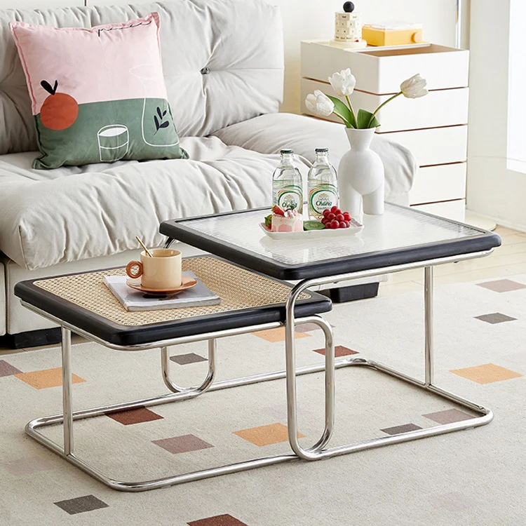 Contemporary Creative Tempered Glass Rattan Steel Pipe Wooden Planks Curved End Table1-Tier For Living Room