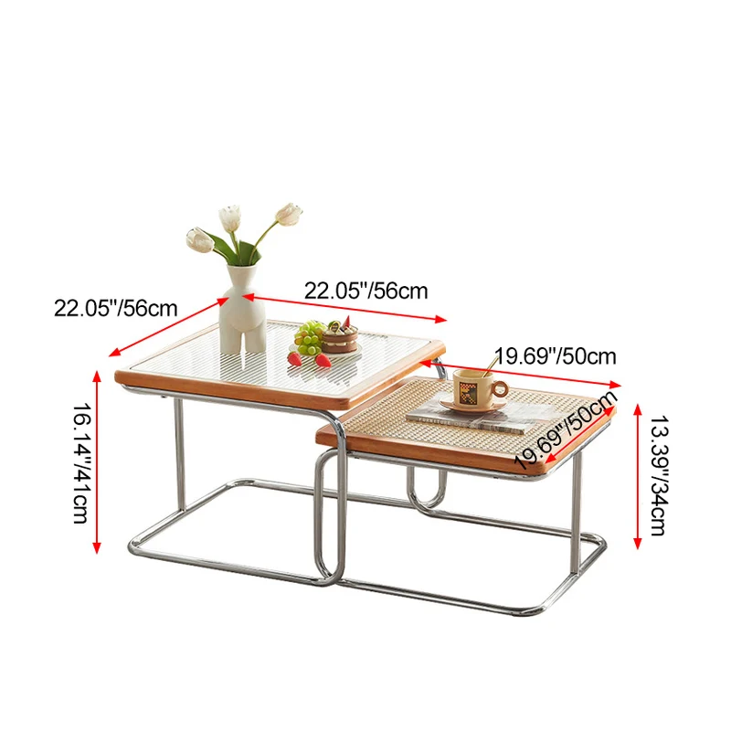 Contemporary Creative Tempered Glass Rattan Steel Pipe Wooden Planks Curved End Table1-Tier For Living Room