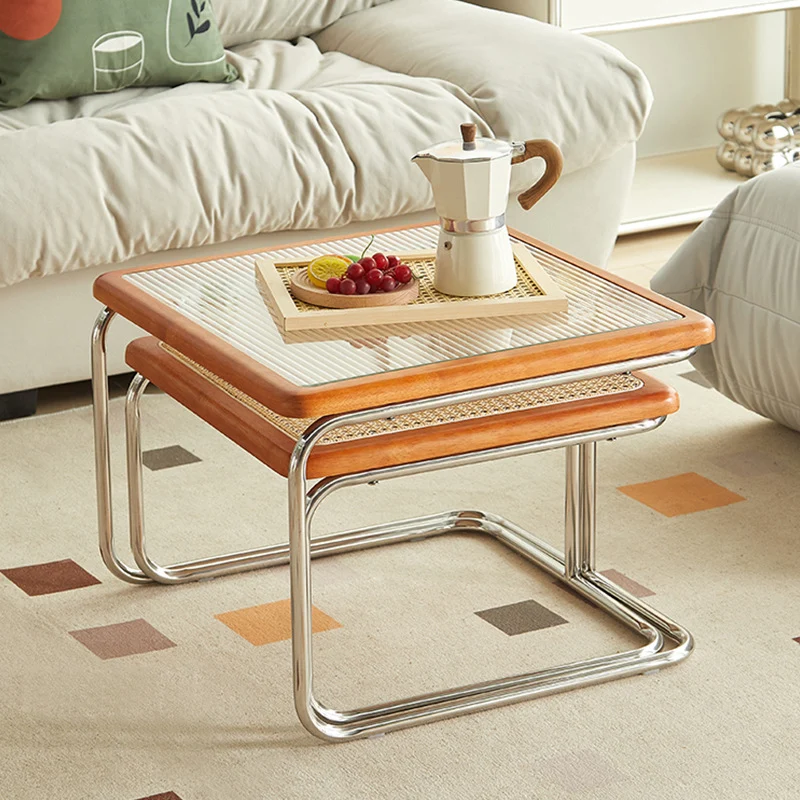 Contemporary Creative Tempered Glass Rattan Steel Pipe Wooden Planks Curved End Table1-Tier For Living Room