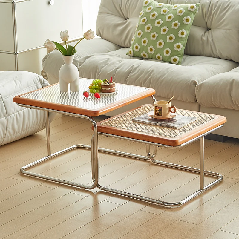Contemporary Creative Tempered Glass Rattan Steel Pipe Wooden Planks Curved End Table1-Tier For Living Room