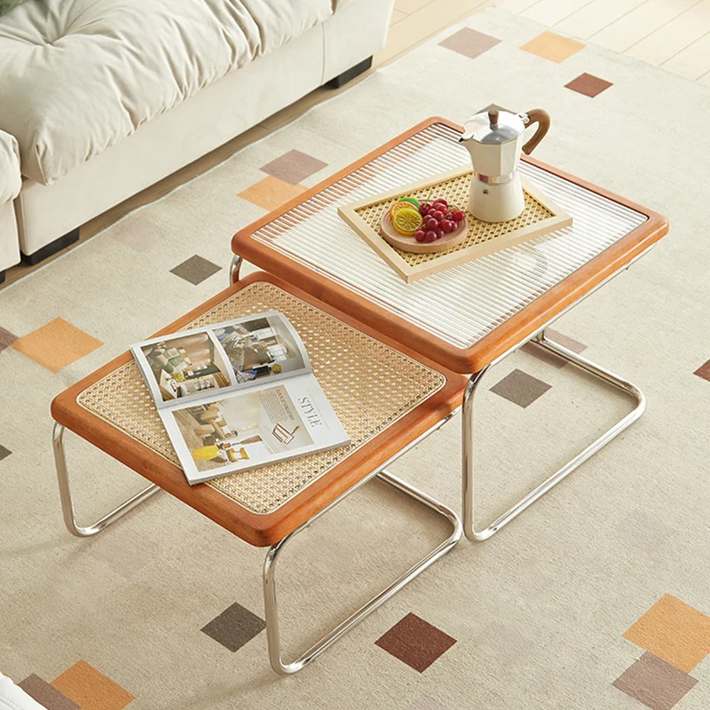 Contemporary Creative Tempered Glass Rattan Steel Pipe Wooden Planks Curved End Table1-Tier For Living Room