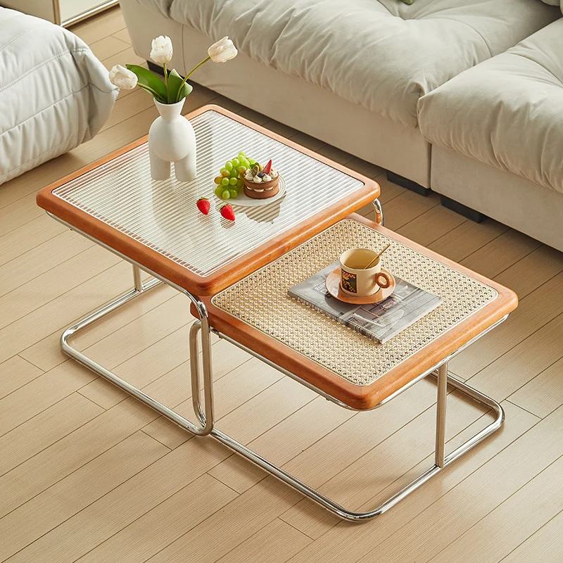 Contemporary Creative Tempered Glass Rattan Steel Pipe Wooden Planks Curved End Table1-Tier For Living Room