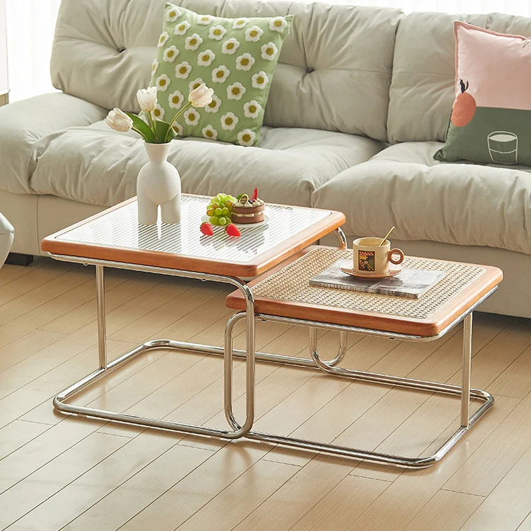 Contemporary Creative Tempered Glass Rattan Steel Pipe Wooden Planks Curved End Table1-Tier For Living Room