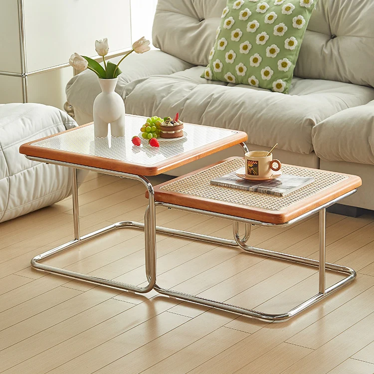 Contemporary Creative Tempered Glass Rattan Steel Pipe Wooden Planks Curved End Table1-Tier For Living Room