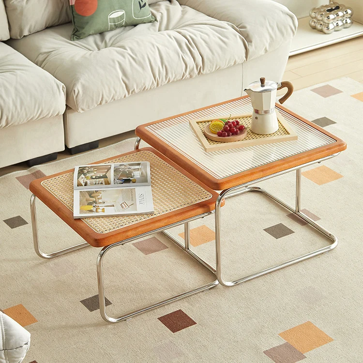 Contemporary Creative Tempered Glass Rattan Steel Pipe Wooden Planks Curved End Table1-Tier For Living Room