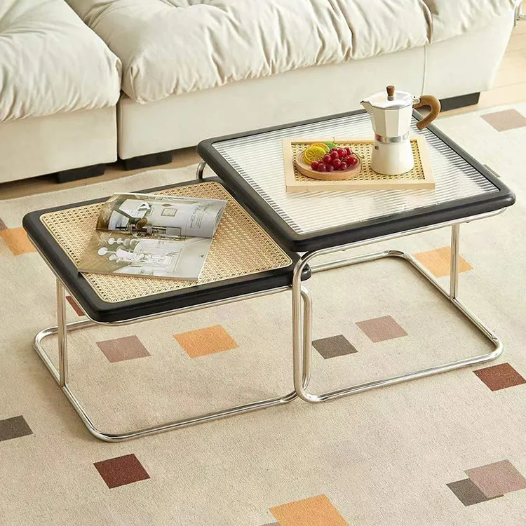 Contemporary Creative Tempered Glass Rattan Steel Pipe Wooden Planks Curved End Table1-Tier For Living Room