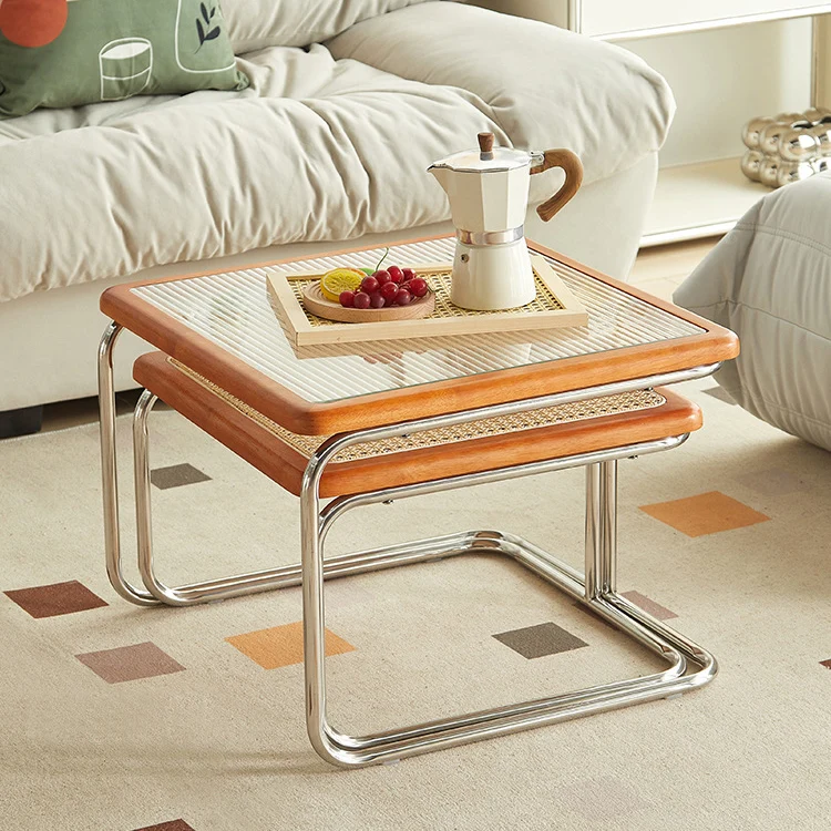 Contemporary Creative Tempered Glass Rattan Steel Pipe Wooden Planks Curved End Table1-Tier For Living Room