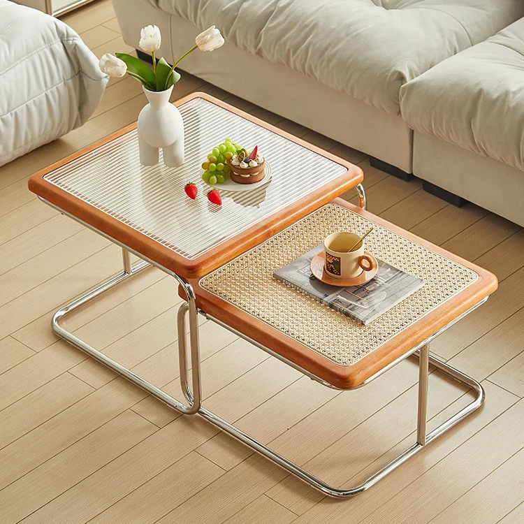 Contemporary Creative Tempered Glass Rattan Steel Pipe Wooden Planks Curved End Table1-Tier For Living Room