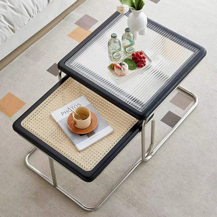 Contemporary Creative Tempered Glass Rattan Steel Pipe Wooden Planks Curved End Table1-Tier For Living Room