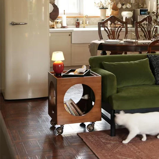Traditional Vintage Solid Wood Glass Square Hollow End Table With 2-Tier Storage For Living Room