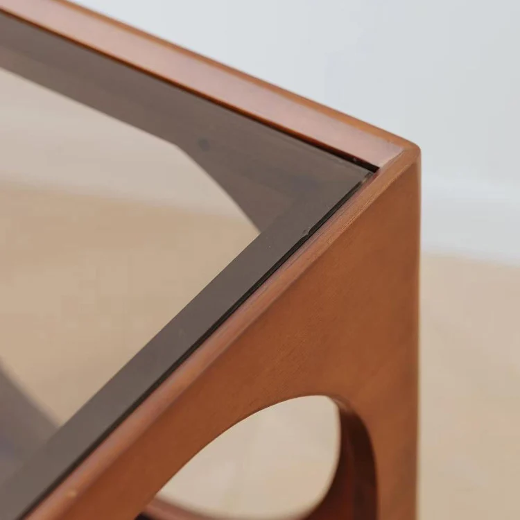 Traditional Vintage Solid Wood Glass Square Hollow End Table With 2-Tier Storage For Living Room