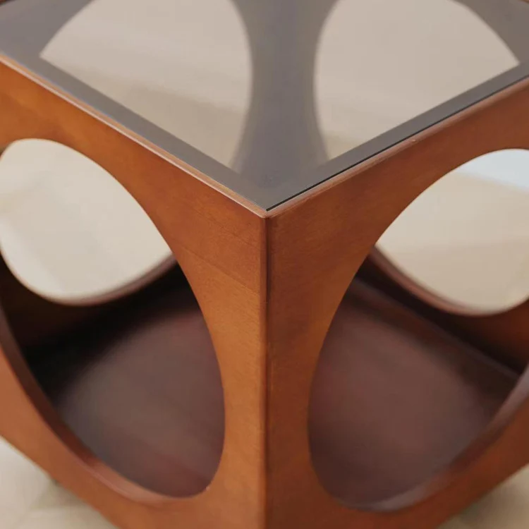 Traditional Vintage Solid Wood Glass Square Hollow End Table With 2-Tier Storage For Living Room