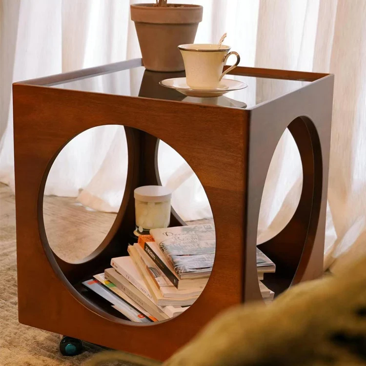 Traditional Vintage Solid Wood Glass Square Hollow End Table With 2-Tier Storage For Living Room