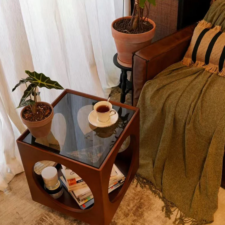 Traditional Vintage Solid Wood Glass Square Hollow End Table With 2-Tier Storage For Living Room