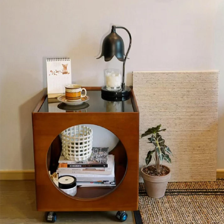 Traditional Vintage Solid Wood Glass Square Hollow End Table With 2-Tier Storage For Living Room