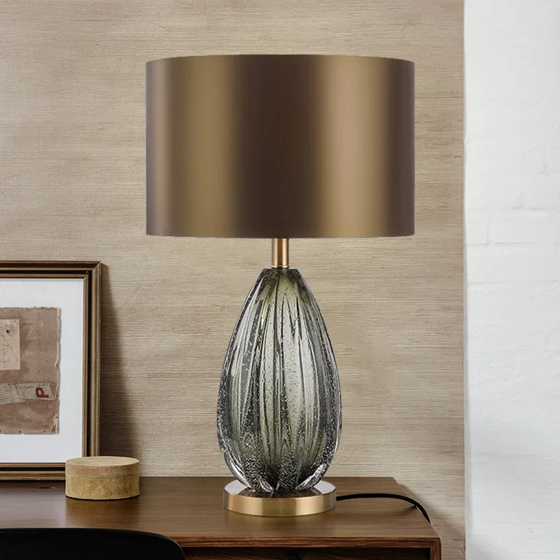 Contemporary Scandinavian Fabric Metal Glass Oval Round 1-Light Table Lamp For Bedroom