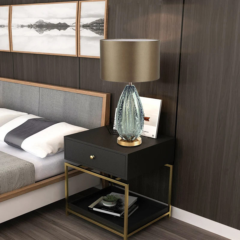 Contemporary Scandinavian Fabric Metal Glass Oval Round 1-Light Table Lamp For Bedroom