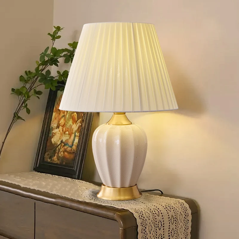 Traditional Chinese Fabric Ceramic Copper Pleated-Fan Round 1-Light Table Lamp For Bedroom & Living Room