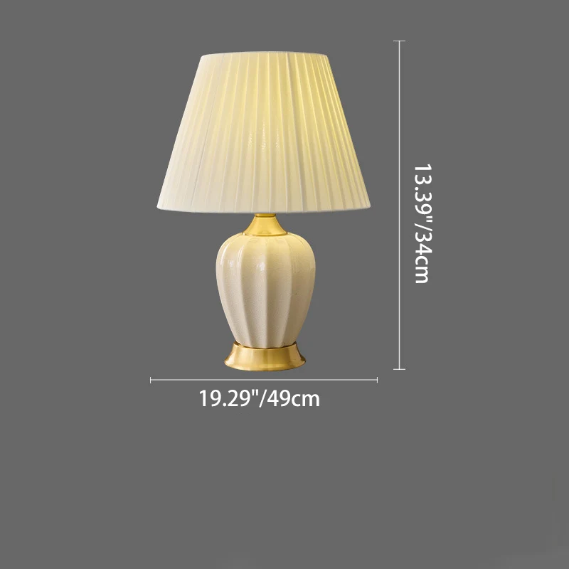 Traditional Chinese Fabric Ceramic Copper Pleated-Fan Round 1-Light Table Lamp For Bedroom & Living Room