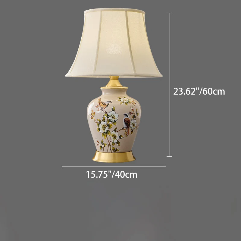 Traditional Chinese Fabric Ceramic Copper Pleated-Fan Round 1-Light Table Lamp For Bedroom & Living Room
