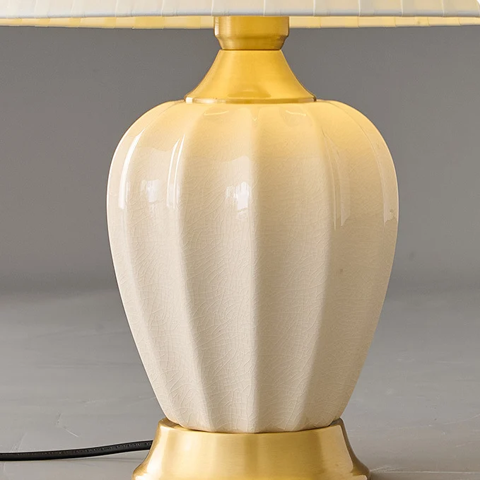 Traditional Chinese Fabric Ceramic Copper Pleated-Fan Round 1-Light Table Lamp For Bedroom & Living Room