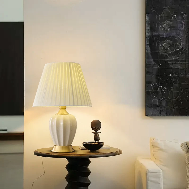 Traditional Chinese Fabric Ceramic Copper Pleated-Fan Round 1-Light Table Lamp For Bedroom & Living Room