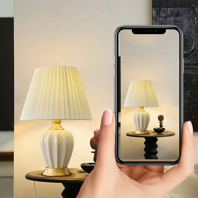 Traditional Chinese Fabric Ceramic Copper Pleated-Fan Round 1-Light Table Lamp For Bedroom & Living Room