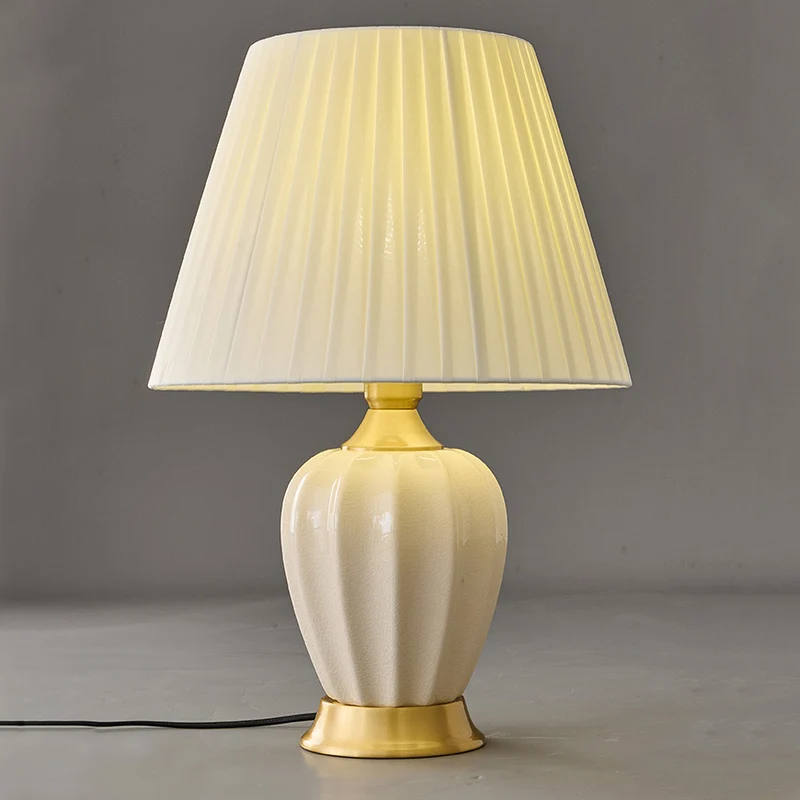 Traditional Chinese Fabric Ceramic Copper Pleated-Fan Round 1-Light Table Lamp For Bedroom & Living Room