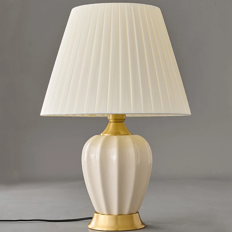 Traditional Chinese Fabric Ceramic Copper Pleated-Fan Round 1-Light Table Lamp For Bedroom & Living Room