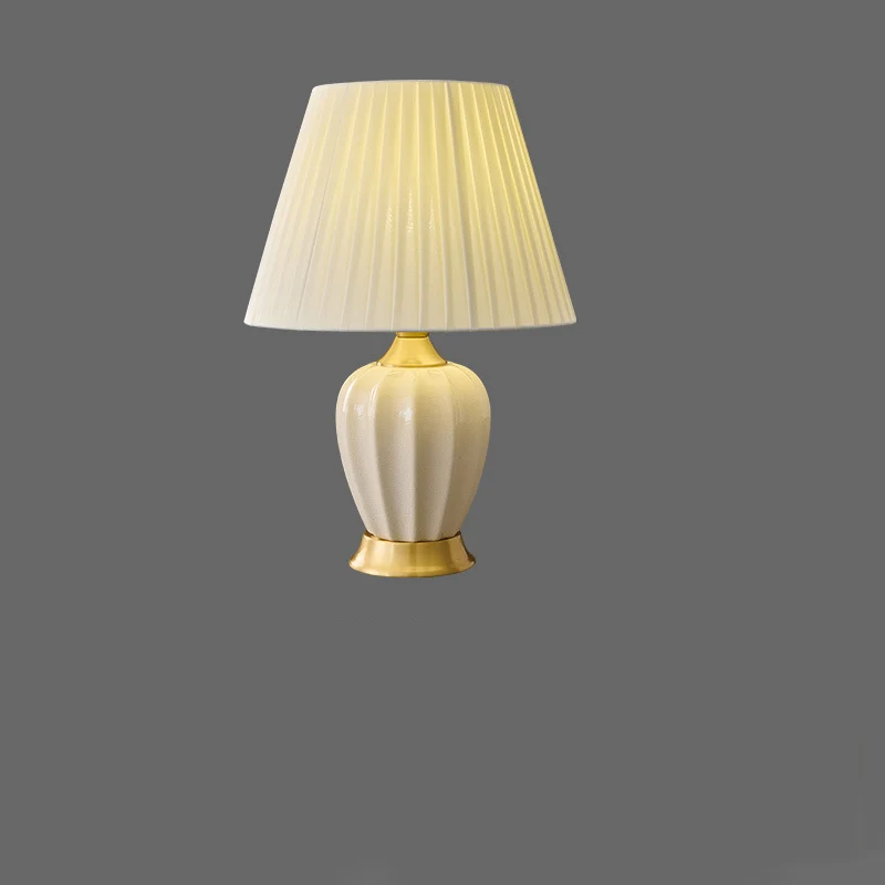 Traditional Chinese Fabric Ceramic Copper Pleated-Fan Round 1-Light Table Lamp For Bedroom & Living Room