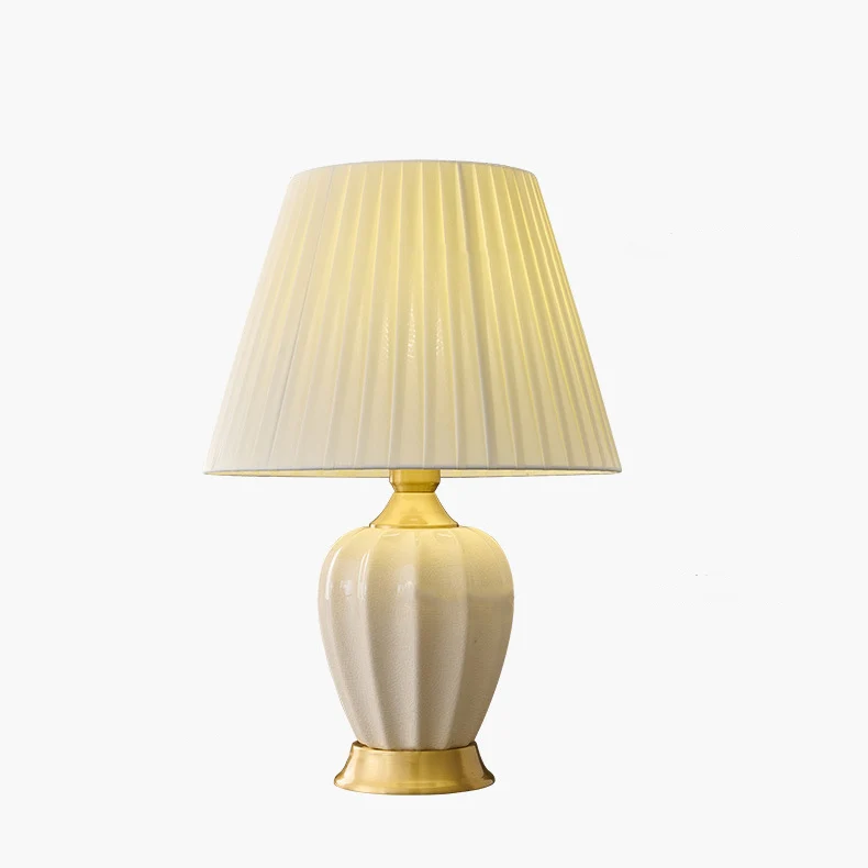 Traditional Chinese Fabric Ceramic Copper Pleated-Fan Round 1-Light Table Lamp For Bedroom & Living Room