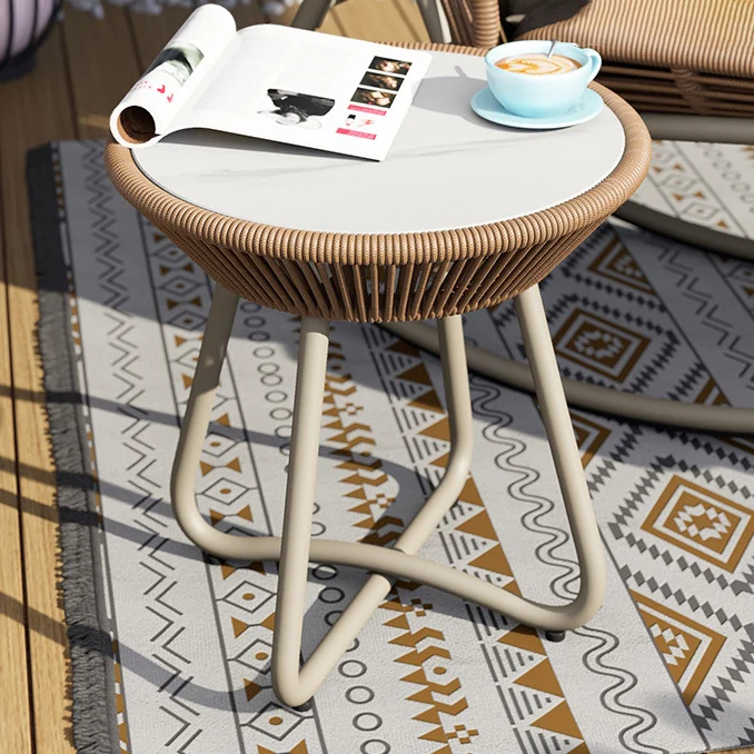 Contemporary Boho Round Sintered Stone Aluminum Alloy PE Rattan Weaving End Table For Balcony