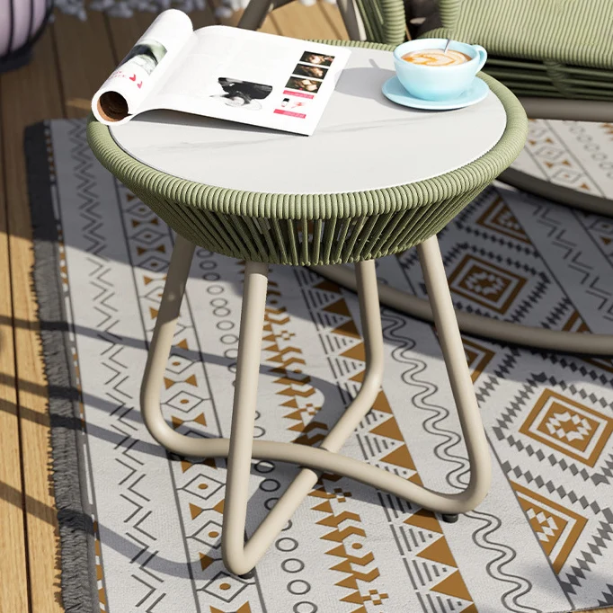 Contemporary Boho Round Sintered Stone Aluminum Alloy PE Rattan Weaving End Table For Balcony