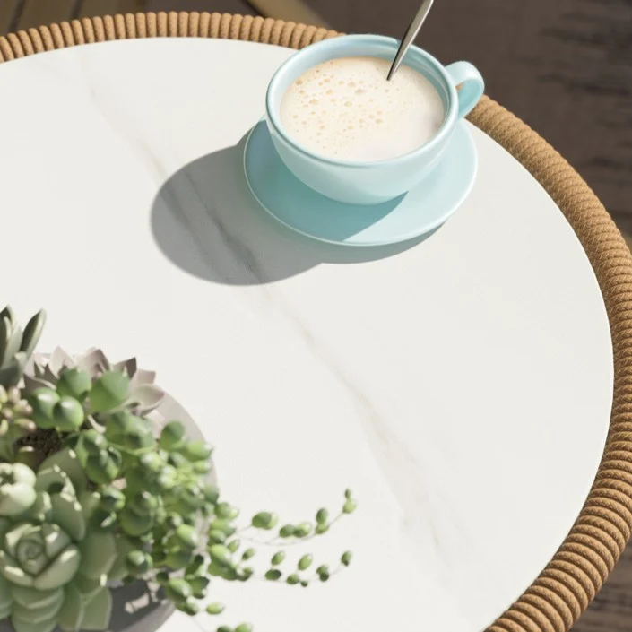 Contemporary Boho Round Sintered Stone Aluminum Alloy PE Rattan Weaving End Table For Balcony