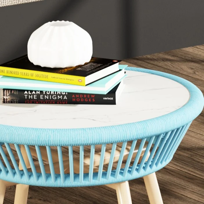 Contemporary Boho Round Sintered Stone Aluminum Alloy PE Rattan Weaving End Table For Balcony