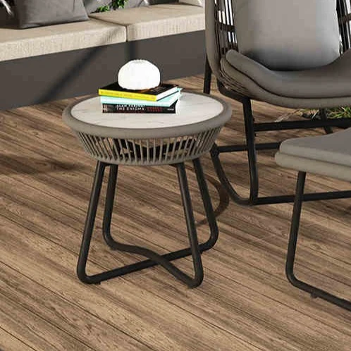 Contemporary Boho Round Sintered Stone Aluminum Alloy PE Rattan Weaving End Table For Balcony